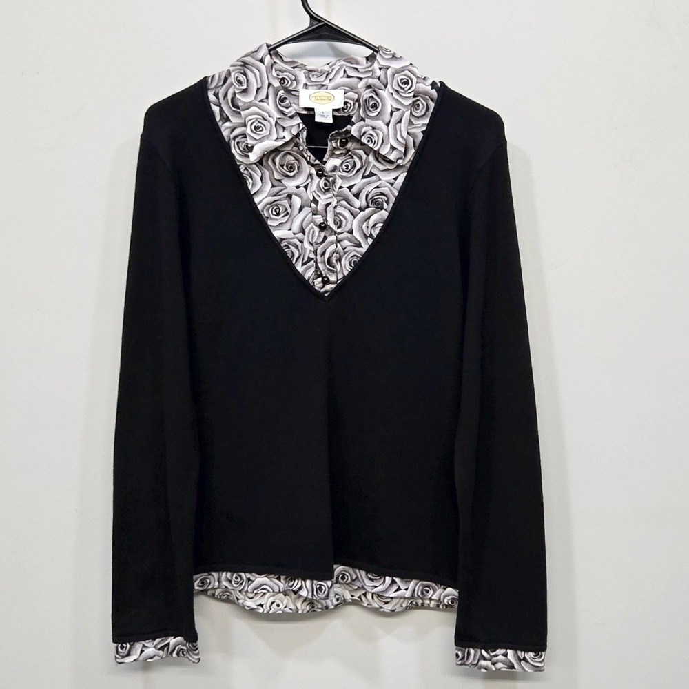 Talbots Layered Sweater Large Vintage Y2K Black Rose Floral V Neck Dark Romantic